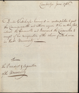 Letter from Benjamin Waterhouse to Harvard University