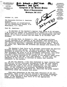 Letter from John Joseph Moakley to the Honorable William Sessions regarding an American military officer's possible involvement in the Jesuit murders, 16 October 1990