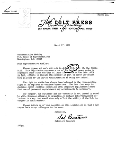 Constituent letter to John Joseph Moakley from the Colt Press of East Boston regarding H.R. 5 The anti-striker replacement act