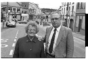 Bomb in the Main Street of Ballynahinch, Co. Down.  Shots taken next day of Eddie McGrady, SDLP politician, at the scene