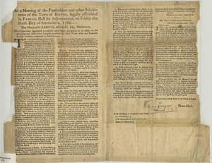 At a Meeting of the Freeholders and other Inhabitants of the Town of Boston, legally assembled in Faneuil Hall by Adjournment, on Friday the Sixth Day of September, 1782 : The Honorable Samuel Adams, Esq. Moderator. The committee appointed to consider what steps are proper to be taken on the alarming and destructive Lengths to which an illicit Trade with our Enemies is now carried...