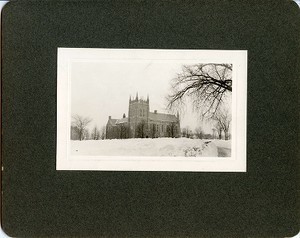 Bapst Library exterior: Ford Tower from street in winter, by Clifton Church