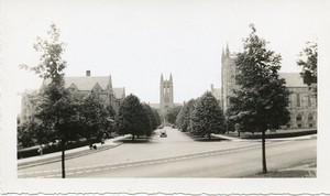 Gasson Hall exterior: bell tower from Commonwealth Avenue looking down Linden Lane