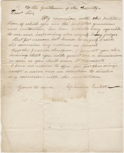 Ephraim Evelith letter to the faculty, 1824