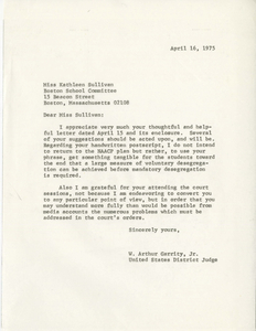 Letter from Judge W. Arthur Garrity to Boston School Committee member Kathleen Sullivan, 1975 April 16