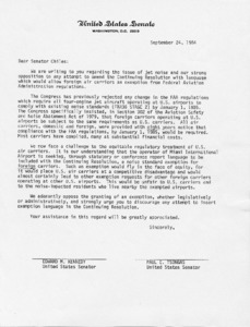 Letter to Senator Chiles from Paul Tsongas and Edward Kennedy regarding jet noise and exemption for foreign air carriers
