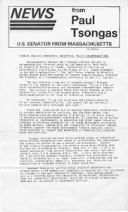 News from Paul Tsongas: Tsongas Praises Democratic Industrial Policy Recommendations