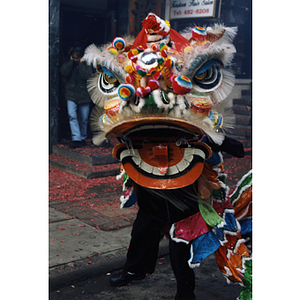 Man wearing a dragon costume in Boston's Chinatown celebrating the Chinese New Year/mods