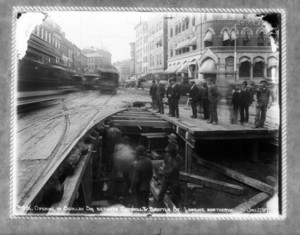 Opening in Scollay Square, between Cornhill and Brattle Streets, looking northerly, Boston, Mass., July 27, 1897