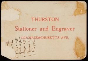 Trade card for Thurston, stationer and engraver, 1322 Massachusetts Avenue, Cambridge, Mass., 1880s