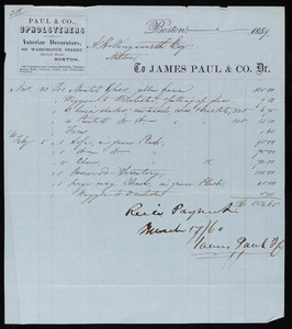 Billhead for James Paul & Co., Dr., upholsterers and interior decorators, 354 Washington Street, Boston, Mass., dated November 23, 1859