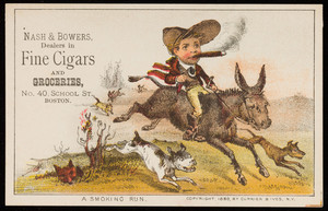 Trade card for Nash & Bowers, dealers in fine cigars and groceries, No. 40 School Street, Boston, Mass., 1880