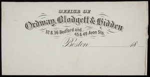 Letterhead for Ordway, Blodgett & Hidden, dry goods, 32 & 36 Bedford and 45 & 49 Avon Streets, Boston, Mass., 1800s