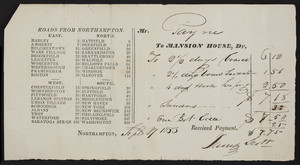Billhead for Mansion House, Northampton, Mass., dated September 27, 1833