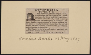 Advertisement for the Dover Hotel, Dover, New Hampshire, May 12, 1837