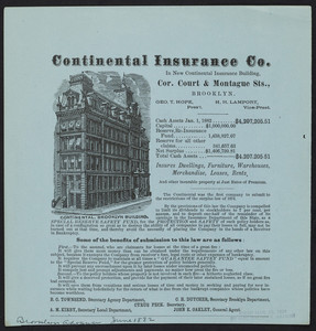 Advertisement for the Continental Insurance Co., corner Cout & Montague Streets, Brooklyn, New York, June 1882