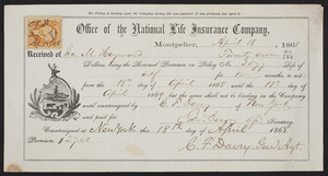 Renewal premium for National Life Insurance Company, Montpelier, Vermont, dated April 18, 1868
