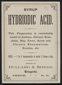 Label for Syrup Hydriodic Acid, prepared by Bullard & Shedd, druggists, Keene, New Hampshire, undated