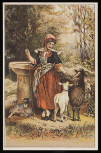 Trade card, female goatherd with three goats, location unknown, undated
