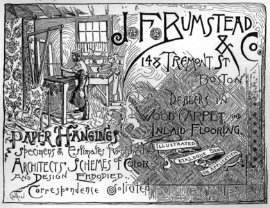 Advertisement for J.F. Bumstead & Co., dealers in wood carpet and inlaid flooring, paper hangings, 148 Tremont Street, Boston, Mass., undated