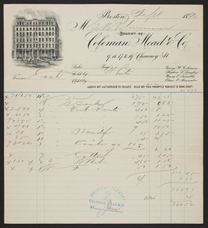 Billhead for Coleman, Mead & Co., awnings, 9, 11, 17 & 19 Chauncy St., Boston, Mass., dated September 1890