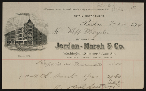 Billhead for Jordan Marsh & Co., department store, Washington, Summer & Avon Streets, Boston, Mass., dated August 22, 1894