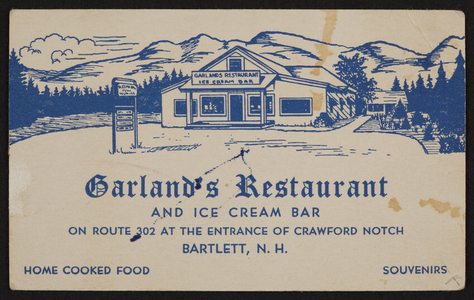 Trade card for Garland's Restaurant and Ice Cream Bar, Route 302, Bartlett, New Hampshire, undated