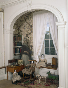 Chamber window with dolls and dummy board, Hamilton House, South Berwick, Maine