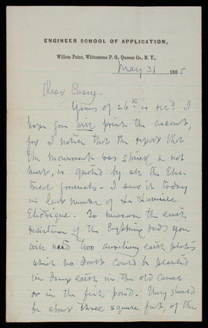 Henry L. Abbot to Thomas Lincoln Casey, May 31, 1886