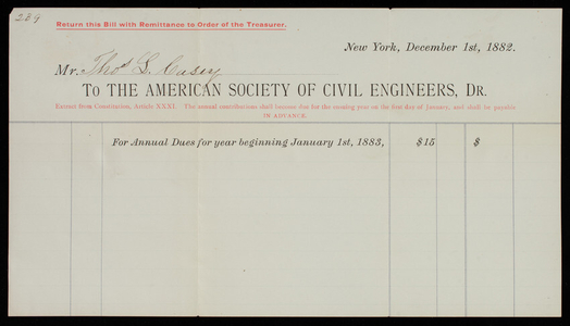 American Society of Engineers to Thomas Lincoln Casey, December 1, 1882, bill