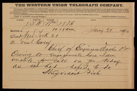 Stuyvesant Fish to Thomas Lincoln Casey, January 21, 1890, telegram