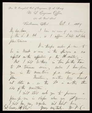 [William] P. Craighill to Thomas Lincoln Casey, October 8, 1889