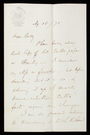 [John G.] Barnard to Thomas Lincoln Casey, September 18, 1870