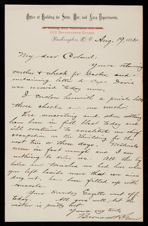 Bernard R. Green to Thomas Lincoln Casey, August 19, 1884