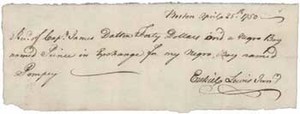 Receipt from Ezekiel Lewis Jr. to James Dalton for exchange of Prince (a slave) for Pompey (a slave), 25 April 1750
