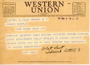 Telegram from John F. Ryan to Charles L. Whipple