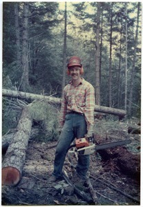 Sandi Sommer's brother Wayne Schultz falling trees at barn site