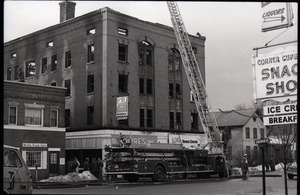 Fire on Main Street, Greenfield, Mass.: firetruck and firefighters in ...