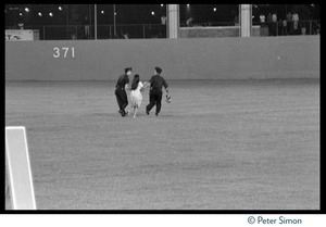 Policemen usher a young girl off the field at Shea Stadium during the Beatles concert