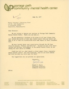 Letter from Donald J. Russo to Mental Patients' Liberation Front