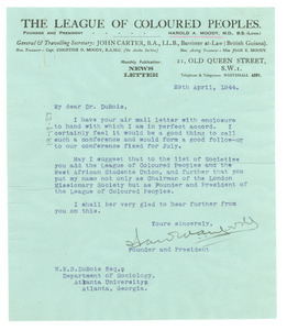 Letter from League of Coloured Peoples to W. E. B. Du Bois