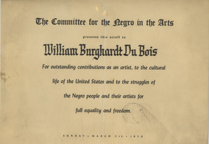 Award from Committee for the Negro in the Arts to W. E. B. Du Bois