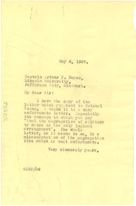 Letter from W. E. B. Du Bois to Captain Arthur P. Hayes