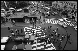 Harvard Square: bird's-eye view of subway station and intersection, looking east along Massachusetts Avenue