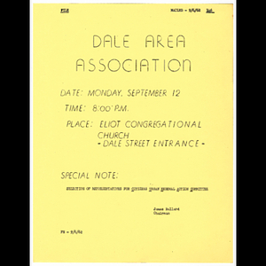 Flier for Dale Area Association meeting to be held September 12, 1962