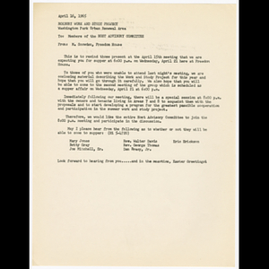 Memorandum from M. Snowden to members of the Host Advisory Committee about dinner and meeting on April 21, 1965