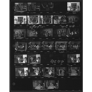 Contact sheet of men using weight machines and barbells
