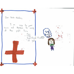 "Dear Boston Ambulance" card of sympathy and flag drawing from a third grade student at Powell Elementary School