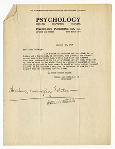 Letter from Henry Knight Miller to President Calvin Coolidge, August 20, 1927