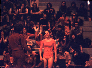 Lucy Miller in front of a crowd